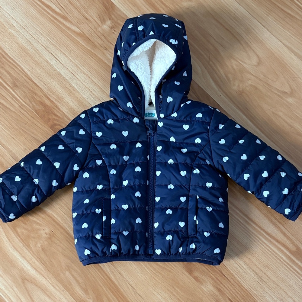 Navy Blue Heart Patterned Hooded Jacket